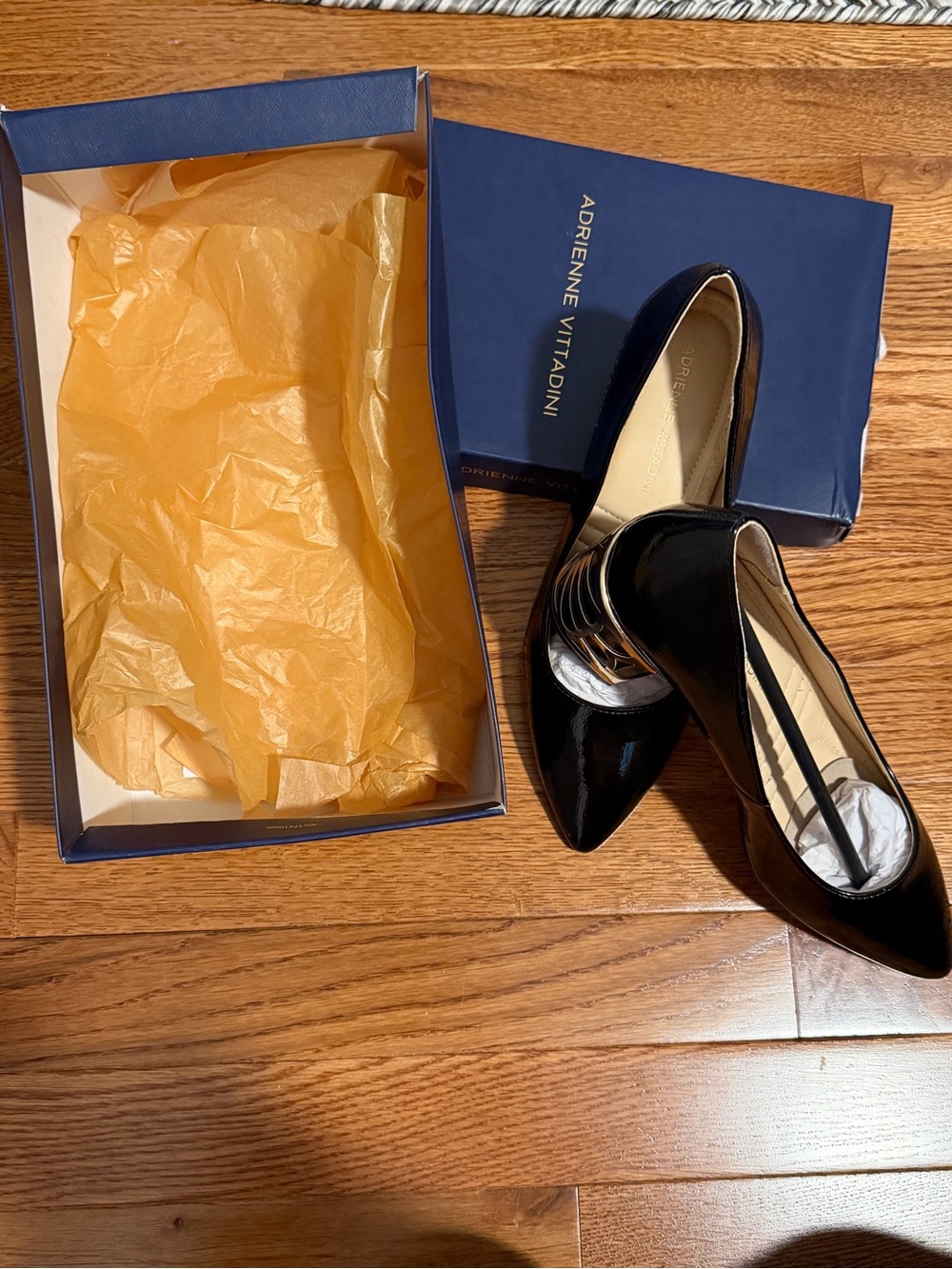 Adrienne Vittadini Black Patent Pointed-Toe Flats with Gold Accent